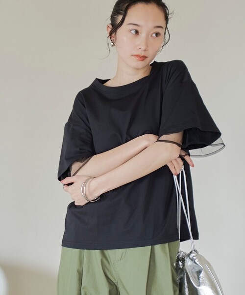 coen(コーエン)の「チュールレイヤーTシャツ(Tシャツ/カットソー・レディース・ホワイト/ネイビー/ブラック/ダークグレー・M/L)」の3枚目の写真