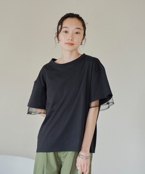 coen(コーエン)の「チュールレイヤーTシャツ(Tシャツ/カットソー・レディース・ホワイト/ネイビー/ブラック/ダークグレー・M/L)」の7枚目の写真