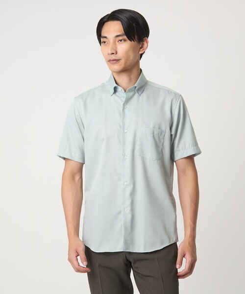 green label relaxing(グリーンレーベルリラクシング)の「エブリット CC パナマ ソリッド スナップ ボタンダウン 半袖 シャツ -接触冷感-(シャツ/ブラウス・メンズ・ターコイズブルー系/ライトグレー/ライム・L/XL/S/M)」の2枚目の写真