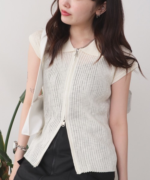 セール】Double-zip short-sleeved knit polo / ダブルジップ