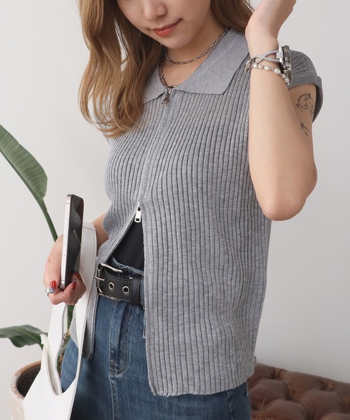 セール】Double-zip short-sleeved knit polo / ダブルジップ