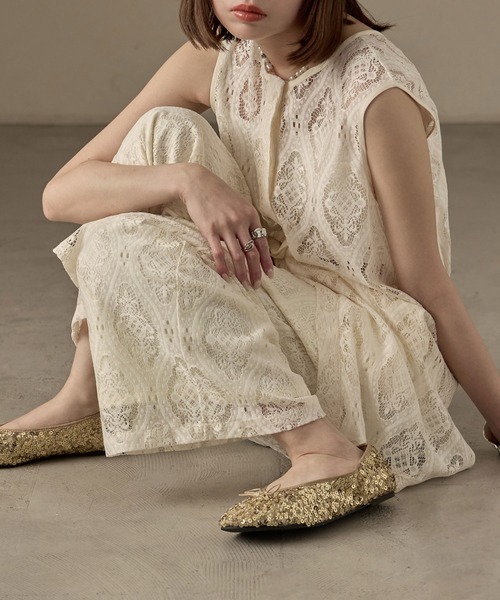 Fashion Letter(ファッションレター)の「SET UP可能 ラッセルレース イージーパンツ(その他パンツ・レディース・ブラック/アイボリー・M)」の1枚目の写真