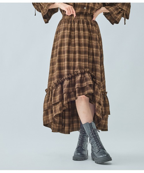 PEACH JOHN（ピーチジョン）の「ラッフルチェックフレアスカート（スカート・レディース・ブラック/ブラウン・ONE SIZE）」の9枚目の写真