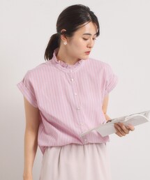 【手洗い可】スタンドフリルストライプブラウス