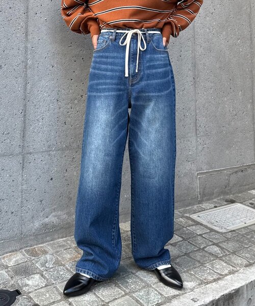 セール】【HENRY】vintagedenim/ウエスト紐ベルト付きワイドデニム