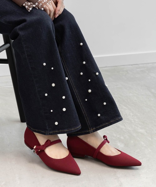 【SUSTAINABLE】リボンベルトニットフラットパンプス