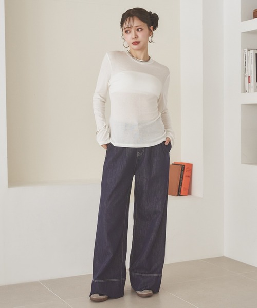 LAULEN(ローレン)の「back tag sheer tops /ウールブレンドバックタグシアートップス(Tシャツ/カットソー・レディース・ホワイト/チャコールグレー/ブラック・FREE)」の6枚目の写真