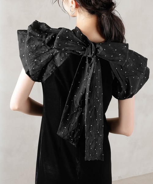 Kana（カナ）の「ベロア ドット Iライン セミタイト ワンピースドレス パーティー 結婚式 お呼ばれ（ドレス・レディース・ブラック系1/グレー系1・M/S）」の2枚目の写真