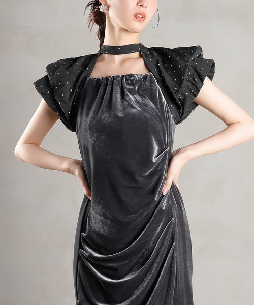 Kana（カナ）の「ベロア ドット Iライン セミタイト ワンピースドレス パーティー 結婚式 お呼ばれ（ドレス・レディース・ブラック系1/グレー系1・M/S）」の15枚目の写真