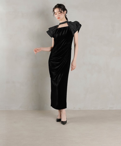 Kana（カナ）の「ベロア ドット Iライン セミタイト ワンピースドレス パーティー 結婚式 お呼ばれ（ドレス・レディース・ブラック系1/グレー系1・M/S）」の9枚目の写真