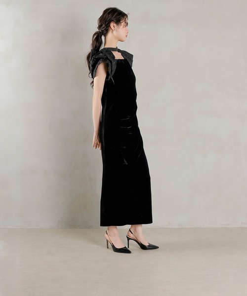 Kana（カナ）の「ベロア ドット Iライン セミタイト ワンピースドレス パーティー 結婚式 お呼ばれ（ドレス・レディース・ブラック系1/グレー系1・M/S）」の10枚目の写真