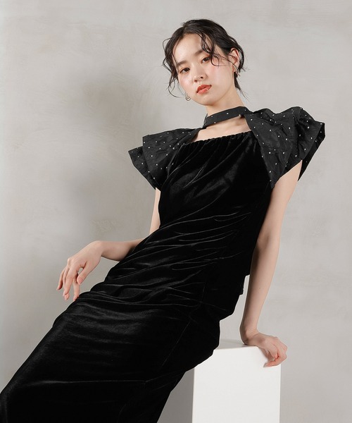 Kana（カナ）の「ベロア ドット Iライン セミタイト ワンピースドレス パーティー 結婚式 お呼ばれ（ドレス・レディース・ブラック系1/グレー系1・M/S）」の8枚目の写真