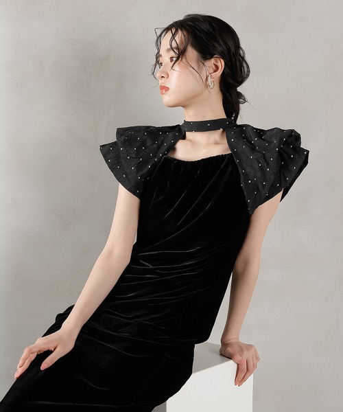 Kana（カナ）の「ベロア ドット Iライン セミタイト ワンピースドレス パーティー 結婚式 お呼ばれ（ドレス・レディース・ブラック系1/グレー系1・M/S）」の4枚目の写真