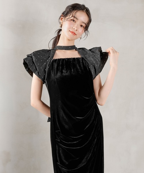 Kana（カナ）の「ベロア ドット Iライン セミタイト ワンピースドレス パーティー 結婚式 お呼ばれ（ドレス・レディース・ブラック系1/グレー系1・M/S）」の3枚目の写真