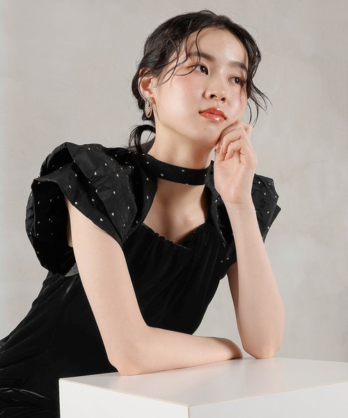 Kana（カナ）の「ベロア ドット Iライン セミタイト ワンピースドレス パーティー 結婚式 お呼ばれ（ドレス・レディース・ブラック系1/グレー系1・M/S）」の21枚目の写真