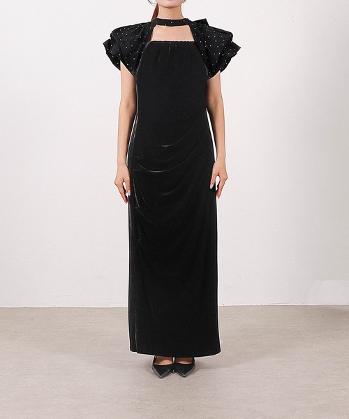 Kana（カナ）の「ベロア ドット Iライン セミタイト ワンピースドレス パーティー 結婚式 お呼ばれ（ドレス・レディース・ブラック系1/グレー系1・M/S）」の22枚目の写真