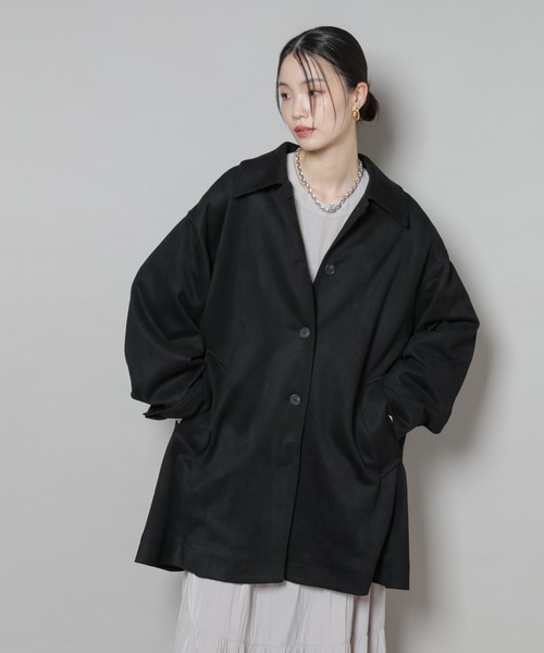 NANO universe（ナノユニバース）の「フェイクスエードAラインミドルコート（ステンカラーコート・レディース・ブラック/ベージュ・FREE）」の2枚目の写真