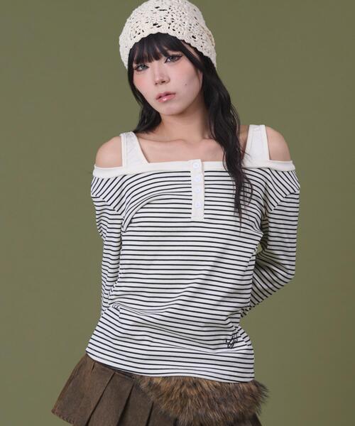 dispark(ディスパーク)の「DISPARK/ロゴ刺繍ボーダーデザイントップ(Tシャツ/カットソー・レディース・アイボリー/チャコールグレー・FREE)」の1枚目の写真