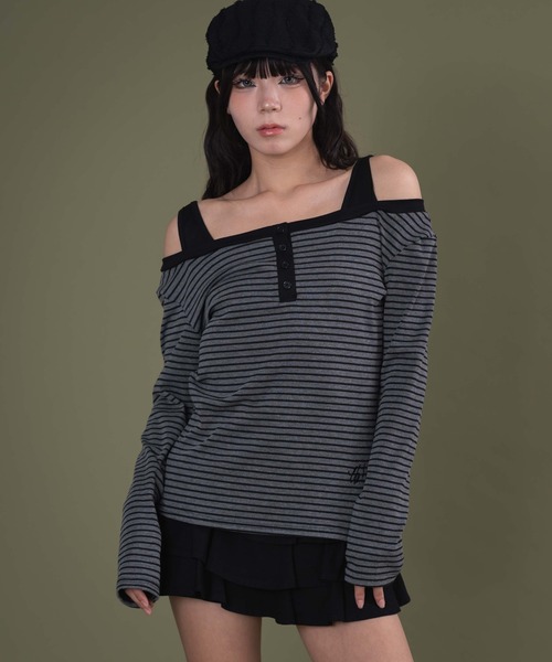 dispark(ディスパーク)の「DISPARK/ロゴ刺繍ボーダーデザイントップ(Tシャツ/カットソー・レディース・アイボリー/チャコールグレー・FREE)」の2枚目の写真