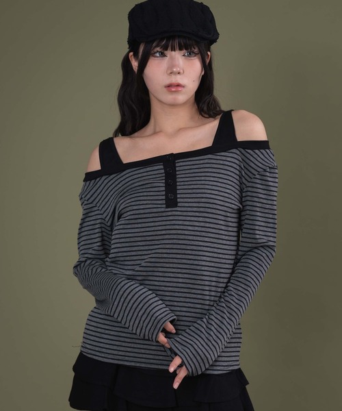 dispark(ディスパーク)の「DISPARK/ロゴ刺繍ボーダーデザイントップ(Tシャツ/カットソー・レディース・アイボリー/チャコールグレー・FREE)」の16枚目の写真