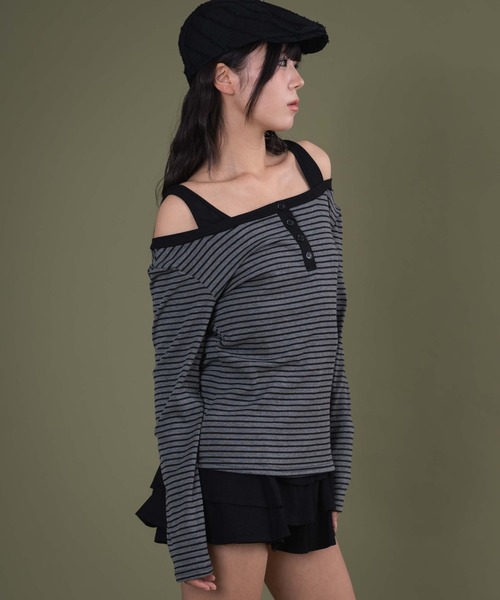 dispark(ディスパーク)の「DISPARK/ロゴ刺繍ボーダーデザイントップ(Tシャツ/カットソー・レディース・アイボリー/チャコールグレー・FREE)」の17枚目の写真