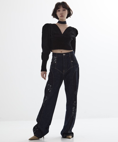 黒 1 FETICO STUDIOUS 別注 ROSE DENIM PANTS FETICO/フェティコ】《STUDIOUS別注》別注 ROSE DENIM PANTS/ローズ