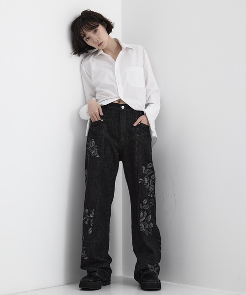 黒 1 FETICO STUDIOUS 別注 ROSE DENIM PANTS FETICO/フェティコ】《STUDIOUS別注》別注 ROSE DENIM PANTS/ローズ