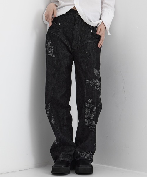黒 1 FETICO STUDIOUS 別注 ROSE DENIM PANTS FETICO/フェティコ】《STUDIOUS別注》別注 ROSE DENIM PANTS