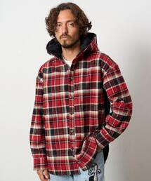 STUD MUFFIN（スタッドマフィン）の「STUD MUFFIN/スタッドマフィン/ネルチェック/ボア レザースター& サガラパッチワーク フーデッドシャツ（シャツ/ブラウス）」