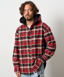 STUD MUFFIN（スタッドマフィン）の「STUD MUFFIN/スタッドマフィン/ネルチェック/ボア レザースター& サガラパッチワーク フーデッドシャツ（シャツ/ブラウス）」