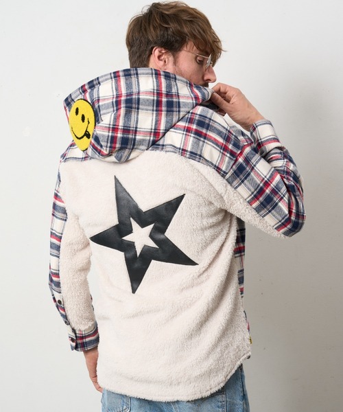 STUD MUFFIN（スタッドマフィン）の「STUD MUFFIN/スタッドマフィン/ネルチェック/ボア レザースター& サガラパッチワーク フーデッドシャツ（シャツ/ブラウス・メンズ・ブラック/ホワイト系2・3/4/2）」の15枚目の写真