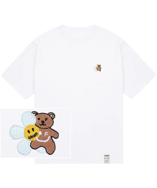GRAVER（グレーバー）の「[ユニセックス]フラワーベアスマイル刺繍半袖Tシャツ_2カラー（Tシャツ/カットソー・レディース・ブラック/ホワイト・SMALL/MEDIUM/LARGE/X-LARGE）」の2枚目の写真