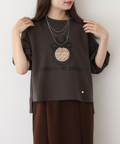 EGLANTINE(エグランティーヌ)の「EGLANTINE 香水モチーフ半袖カットソー(Tシャツ/カットソー・レディース・チャコールグレー/カーキ/テラコッタ・38)」の5枚目の写真