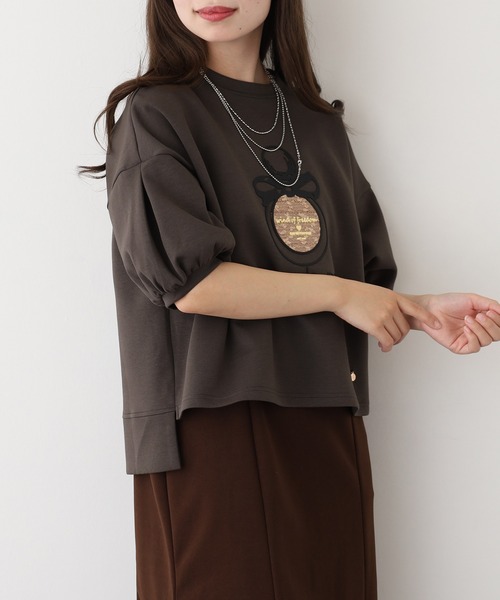 EGLANTINE(エグランティーヌ)の「EGLANTINE 香水モチーフ半袖カットソー(Tシャツ/カットソー・レディース・チャコールグレー/カーキ/テラコッタ・38)」の6枚目の写真