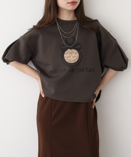 EGLANTINE(エグランティーヌ)の「EGLANTINE 香水モチーフ半袖カットソー(Tシャツ/カットソー・レディース・チャコールグレー/カーキ/テラコッタ・38)」の7枚目の写真
