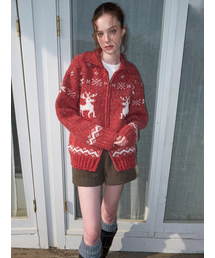 Deer Zip-Up Cardigan, Red