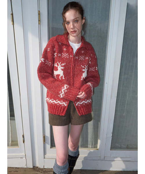 Deer Zip-Up Cardigan, Red
