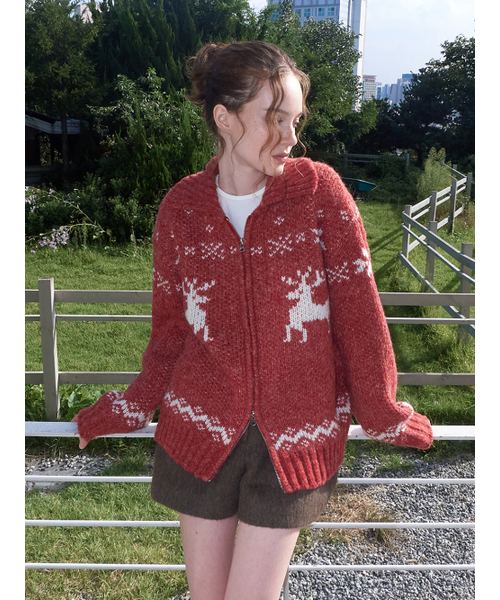 ETMON(エトモン)の「Deer Zip-Up Cardigan, Red(カーディガン/ボレロ・レディース・その他・F)」の3枚目の写真
