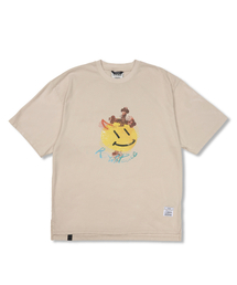 Cross Smile Vintage-Like Washed Oversized Short Sleeves T-Shirts Beige