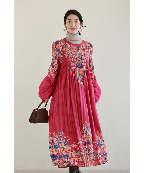 cawaii(カワイイ)の「ふんわり変形タック袖の鮮やかな花柄プリーツロングワンピース(ワンピース・レディース・ピンク・FREE)」の14枚目の写真
