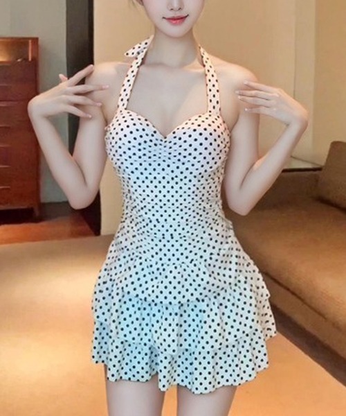 セール】ドット柄ホルターネックフリルワンピーススイムウェア（水着