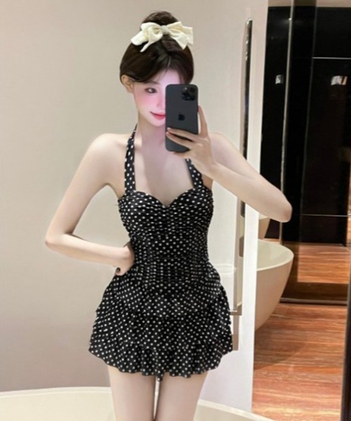 セール】ドット柄ホルターネックフリルワンピーススイムウェア（水着