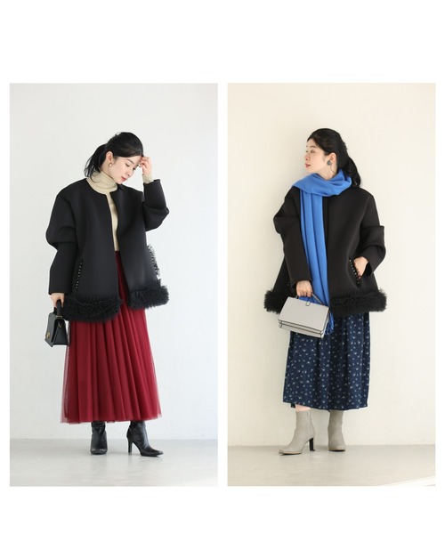 cawaii（カワイイ）の「（黒）裾に咲くふわふわチュールのダンボール素材コート（ノーカラーコート・レディース・ブラック・FREE）」の10枚目の写真