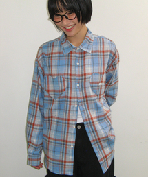 DOUBLE HEART POCKET CHECK SHIRT BLUE