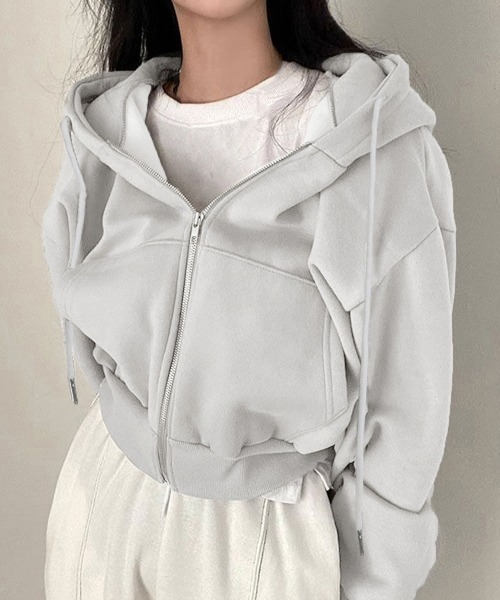Miniministore(ミニミニストア)の「ジップパーカー裏起毛ショート丈フーディー(パーカー・レディース・ライトグレー/ブラック/ダークグレー・FREE)」の4枚目の写真