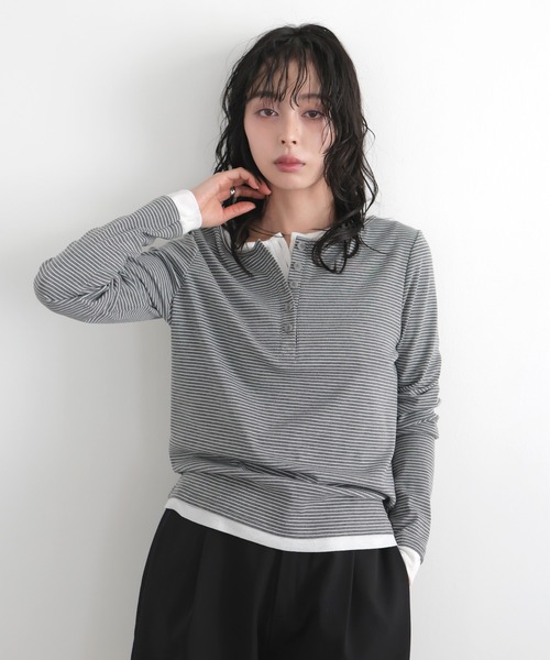 LIAN（リアン）の「ボーダーヘンリーネックプルオーバー（Tシャツ/カットソー・レディース・グレー/オフホワイト/ブラック・FREE）」の3枚目の写真
