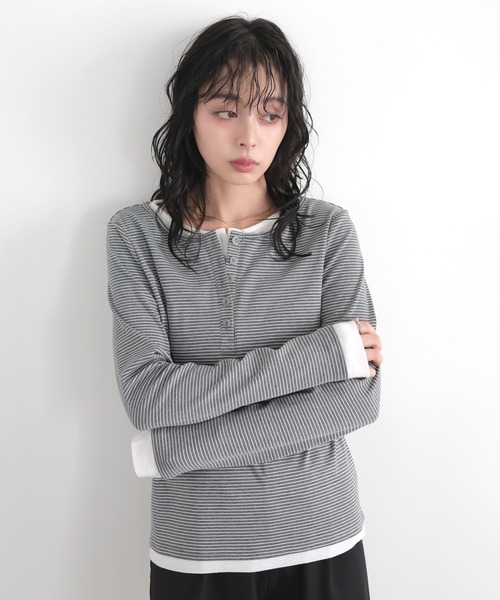 LIAN（リアン）の「ボーダーヘンリーネックプルオーバー（Tシャツ/カットソー・レディース・グレー/オフホワイト/ブラック・FREE）」の7枚目の写真