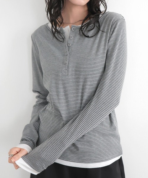 LIAN（リアン）の「ボーダーヘンリーネックプルオーバー（Tシャツ/カットソー・レディース・グレー/オフホワイト/ブラック・FREE）」の9枚目の写真