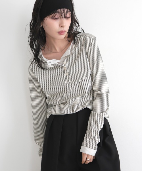 LIAN（リアン）の「ボーダーヘンリーネックプルオーバー（Tシャツ/カットソー・レディース・グレー/オフホワイト/ブラック・FREE）」の10枚目の写真