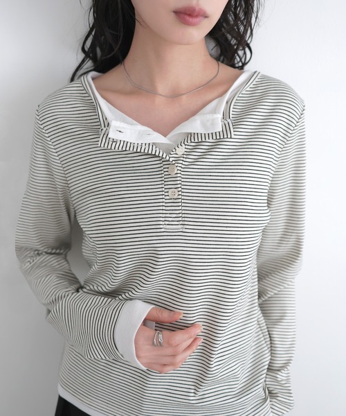 LIAN（リアン）の「ボーダーヘンリーネックプルオーバー（Tシャツ/カットソー・レディース・グレー/オフホワイト/ブラック・FREE）」の14枚目の写真